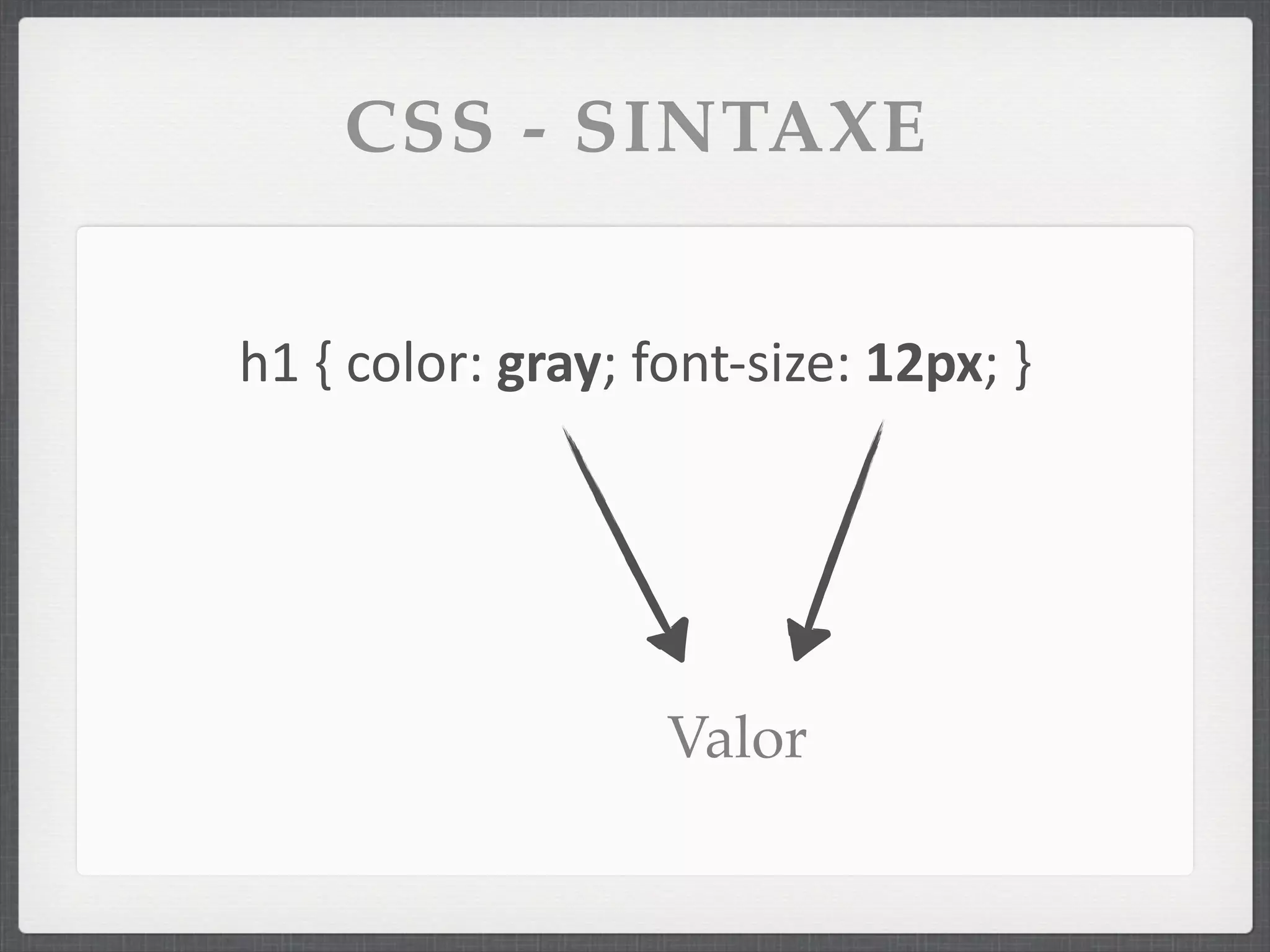 CSS - SINTAXE


h1	
  {	
  color:	
  gray;	
  font-­‐size:	
  12px;	
  }




                              Valor
 