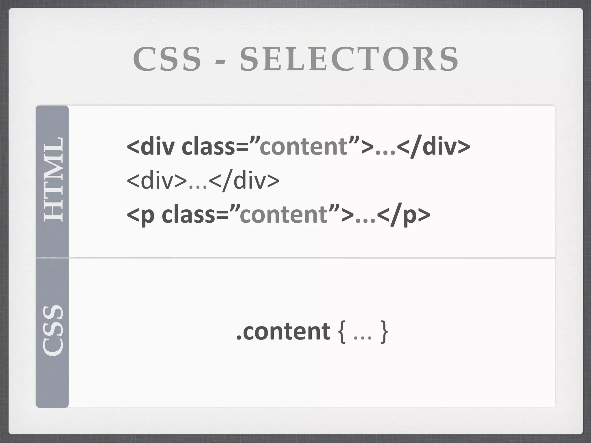 CSS - SELECTORS

       <div	
  class=”content”>...</div>
HTML



       <div>...</div>
       <p	
  class=”content”>...</p>
CSS




                 .content	
  {	
  ...	
  }
 
