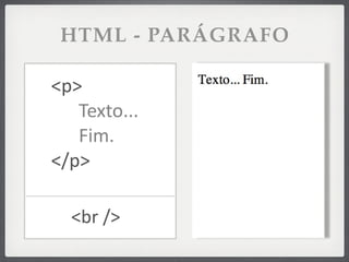 HTML - PARÁGRAFO

<p>
   Texto...
   Fim.
</p>

  <br	
  />
 