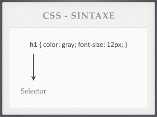 CSS - SINTAXE


  h1	
  {	
  color:	
  gray;	
  font-­‐size:	
  12px;	
  }




Selector
 