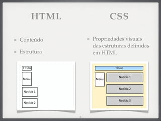HTML               CSS

Conteúdo             Propriedades visuais
                     das estruturas deﬁnidas
Estrutura            em HTML

 Título                       Título


                                Notícia 1
 Menu                 Menu


                                Notícia 2
 Notícia 1


                                Notícia 3
 Notícia 2




                 3
 