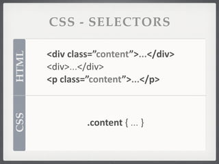 CSS - SELECTORS

       <div	
  class=”content”>...</div>
HTML



       <div>...</div>
       <p	
  class=”content”>...</p>
CSS




                 .content	
  {	
  ...	
  }
 