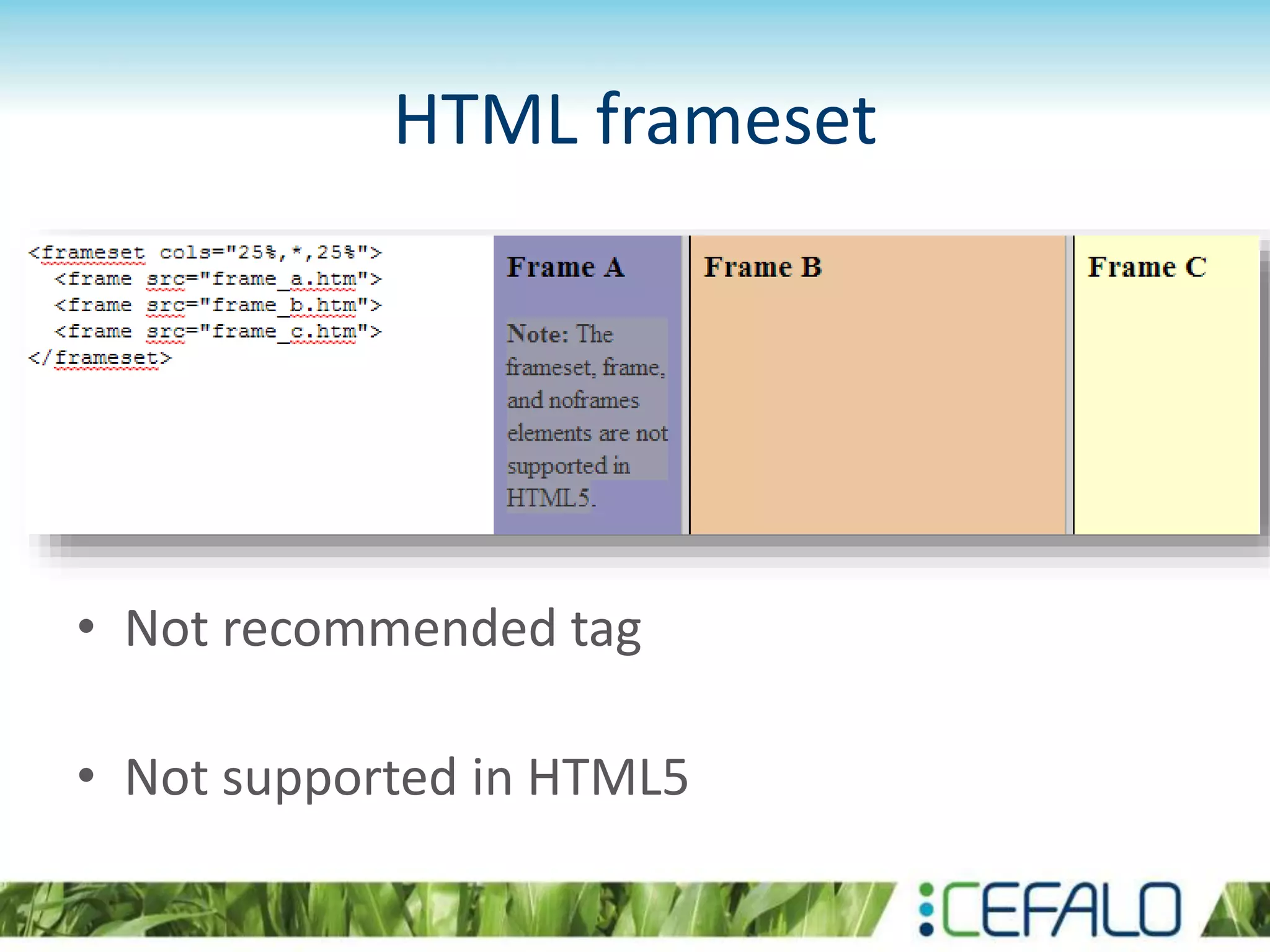 HTML frameset
• Not recommended tag
• Not supported in HTML5
 