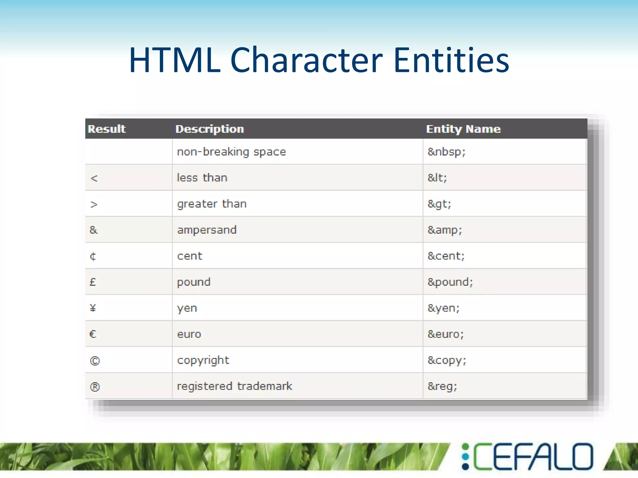 HTML Character Entities
 