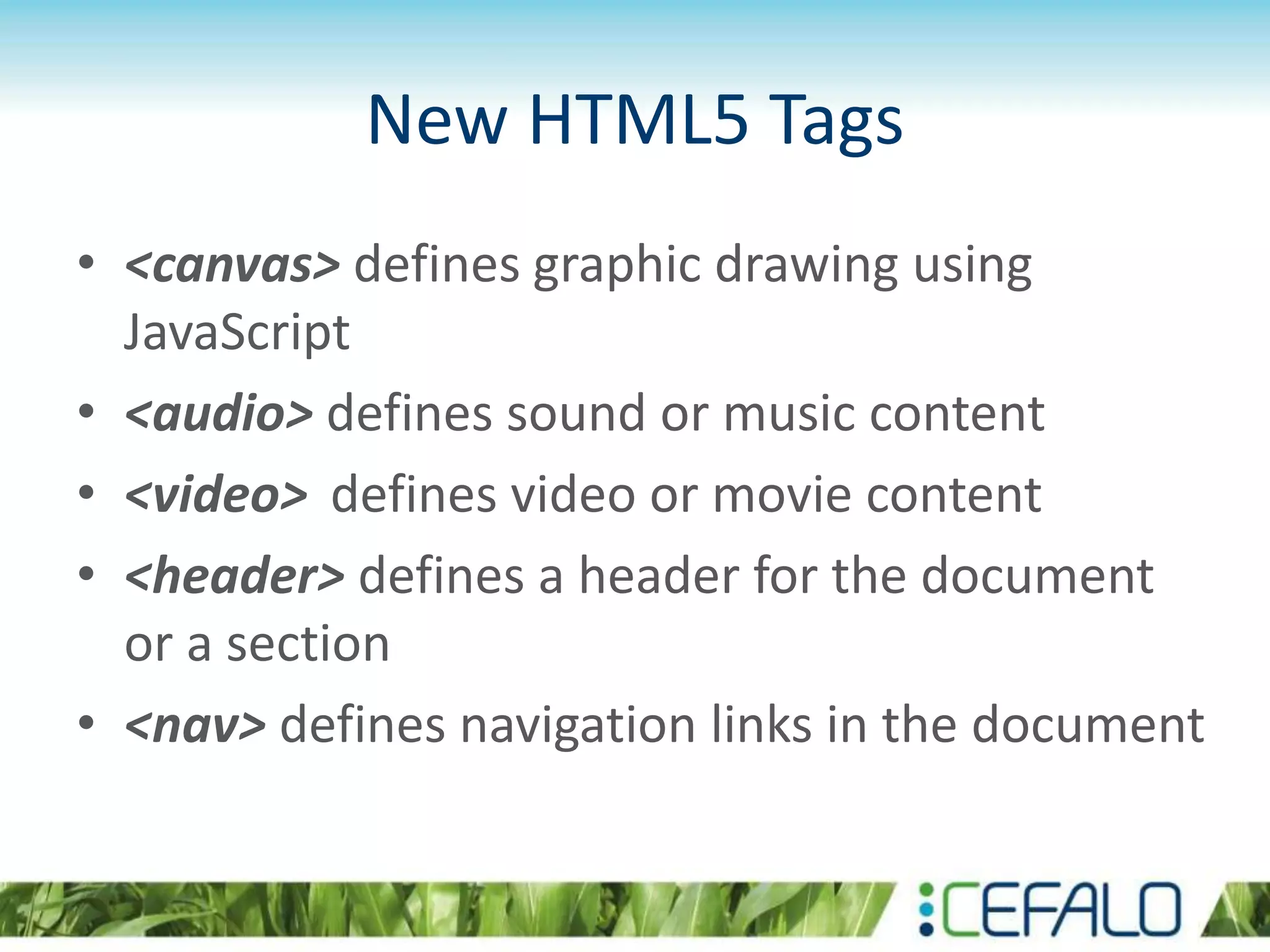 New HTML5 Tags
• <canvas> defines graphic drawing using
JavaScript
• <audio> defines sound or music content
• <video> defines video or movie content
• <header> defines a header for the document
or a section
• <nav> defines navigation links in the document
 