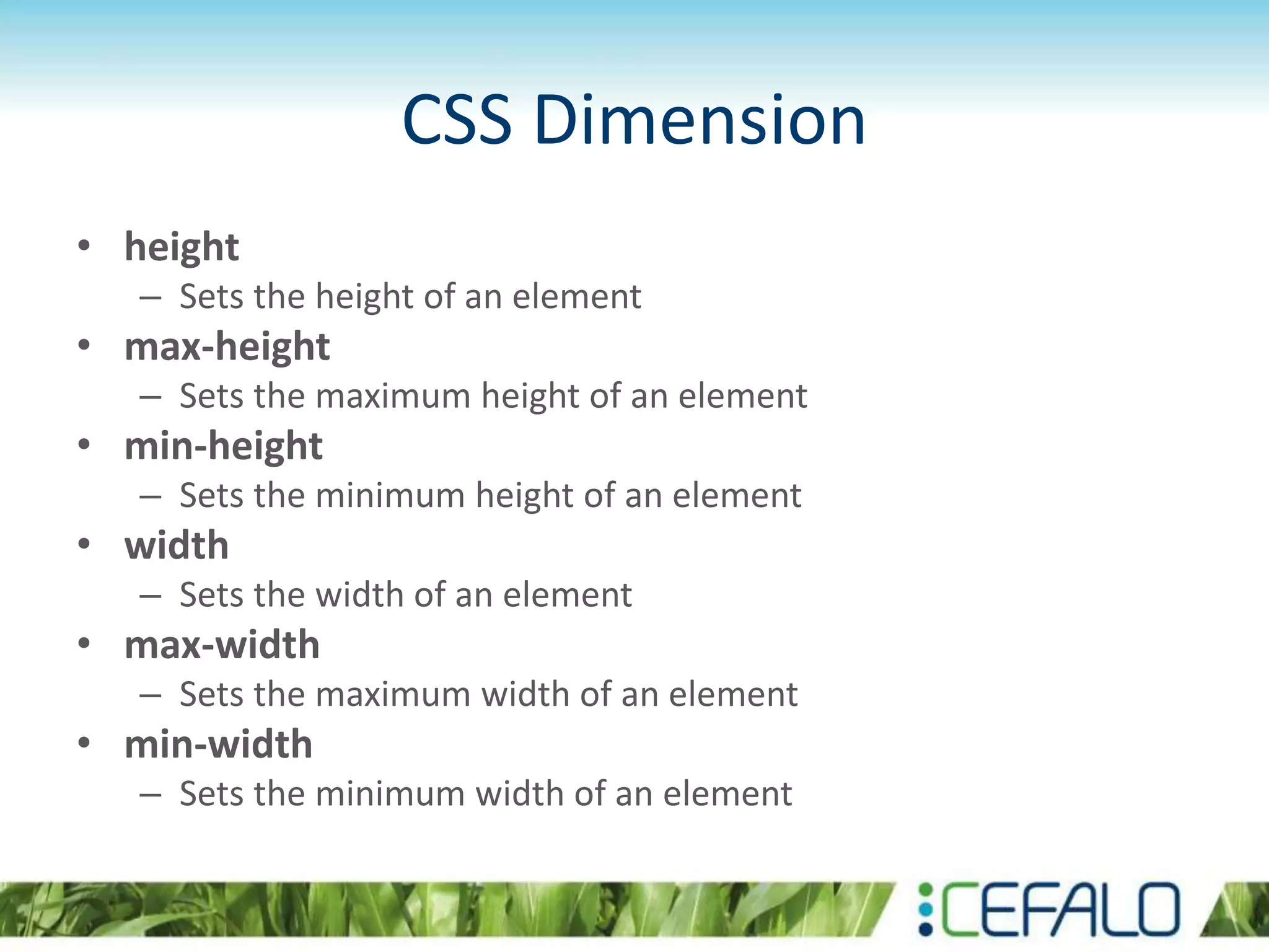 CSS Dimension
• height
– Sets the height of an element
• max-height
– Sets the maximum height of an element
• min-height
– Sets the minimum height of an element
• width
– Sets the width of an element
• max-width
– Sets the maximum width of an element
• min-width
– Sets the minimum width of an element
 