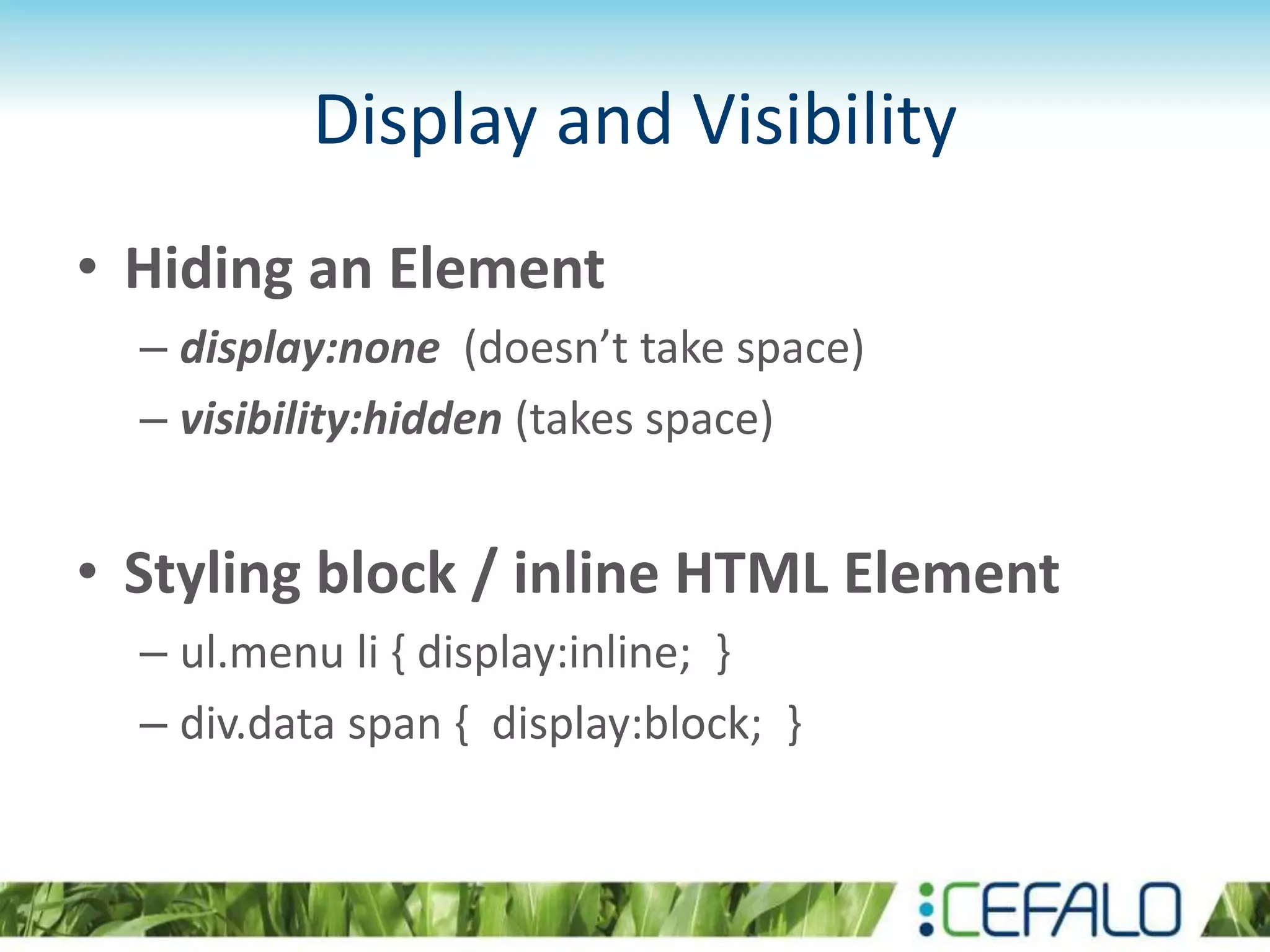 Display and Visibility
• Hiding an Element
– display:none (doesn’t take space)
– visibility:hidden (takes space)
• Styling block / inline HTML Element
– ul.menu li { display:inline; }
– div.data span { display:block; }
 
