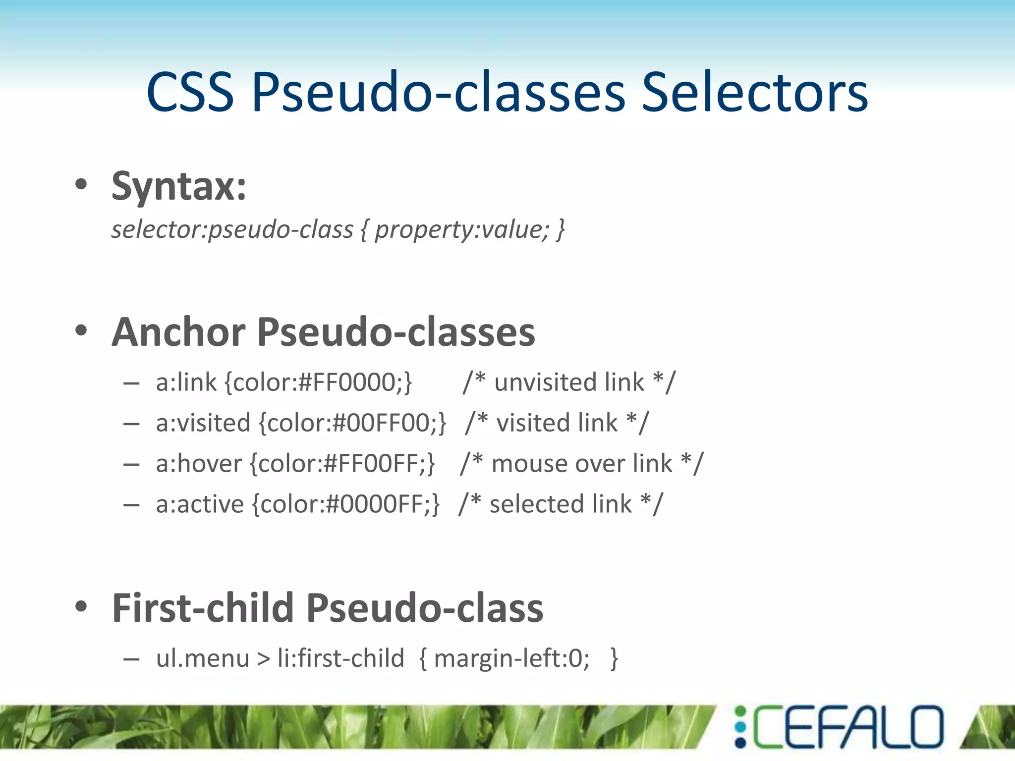 CSS Pseudo-classes Selectors
• Syntax:
selector:pseudo-class { property:value; }
• Anchor Pseudo-classes
– a:link {color:#FF0000;} /* unvisited link */
– a:visited {color:#00FF00;} /* visited link */
– a:hover {color:#FF00FF;} /* mouse over link */
– a:active {color:#0000FF;} /* selected link */
• First-child Pseudo-class
– ul.menu > li:first-child { margin-left:0; }
 
