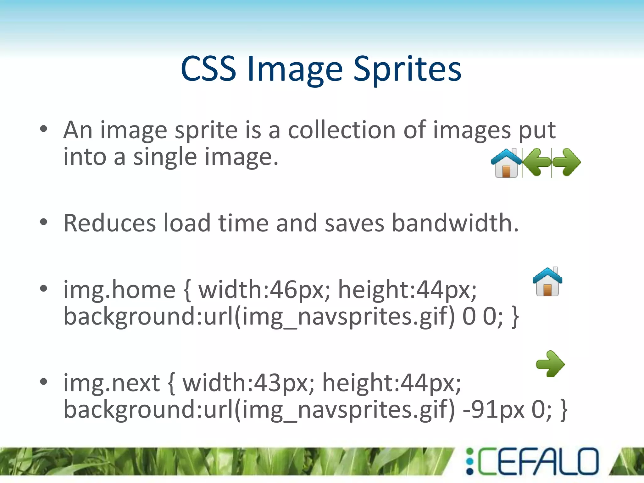 CSS Image Sprites
• An image sprite is a collection of images put
into a single image.
• Reduces load time and saves bandwidth.
• img.home { width:46px; height:44px;
background:url(img_navsprites.gif) 0 0; }
• img.next { width:43px; height:44px;
background:url(img_navsprites.gif) -91px 0; }
 
