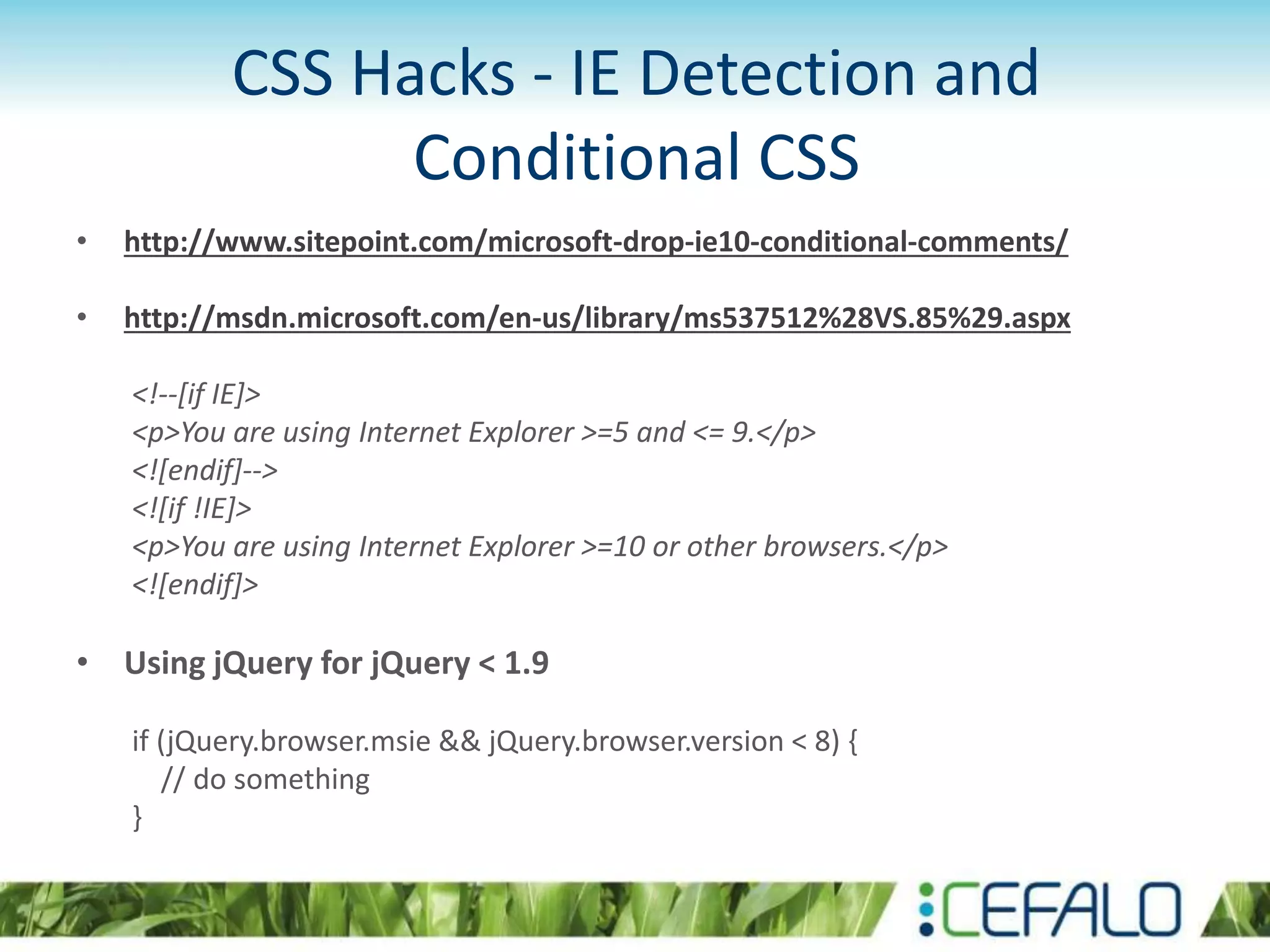 CSS Hacks - IE Detection and
Conditional CSS
• http://www.sitepoint.com/microsoft-drop-ie10-conditional-comments/
• http://msdn.microsoft.com/en-us/library/ms537512%28VS.85%29.aspx
<!--[if IE]>
<p>You are using Internet Explorer >=5 and <= 9.</p>
<![endif]-->
<![if !IE]>
<p>You are using Internet Explorer >=10 or other browsers.</p>
<![endif]>
• Using jQuery for jQuery < 1.9
if (jQuery.browser.msie && jQuery.browser.version < 8) {
// do something
}
 