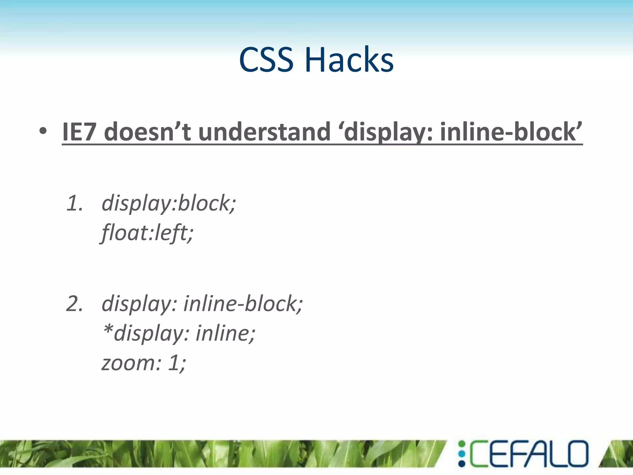 CSS Hacks
• IE7 doesn’t understand ‘display: inline-block’
1. display:block;
float:left;
2. display: inline-block;
*display: inline;
zoom: 1;
 