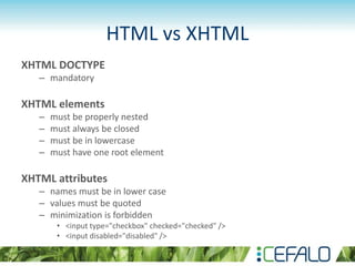 HTML vs XHTML
XHTML DOCTYPE
– mandatory
XHTML elements
– must be properly nested
– must always be closed
– must be in lowercase
– must have one root element
XHTML attributes
– names must be in lower case
– values must be quoted
– minimization is forbidden
• <input type="checkbox" checked="checked" />
• <input disabled="disabled" />
 