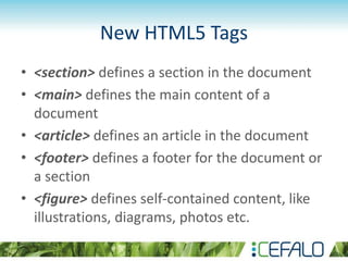 New HTML5 Tags
• <section> defines a section in the document
• <main> defines the main content of a
document
• <article> defines an article in the document
• <footer> defines a footer for the document or
a section
• <figure> defines self-contained content, like
illustrations, diagrams, photos etc.
 