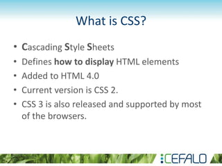 What is CSS?
• Cascading Style Sheets
• Defines how to display HTML elements
• Added to HTML 4.0
• Current version is CSS ...