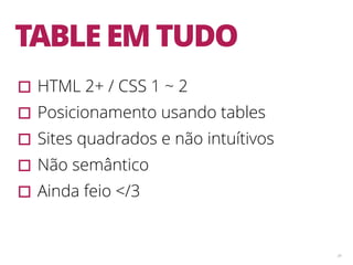 34
TABLE EM TUDO
▫︎HTML 2+ / CSS 1 ~ 2
▫︎Posicionamento usando tables
▫︎Sites quadrados e não intuítivos
▫︎Não semântico
▫︎Ainda feio </3
 