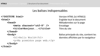 HTML5 | Présentation | Syntaxe | Structure d’un document | Présentation des balises
<!DOCTYPE html>
<html>
<head>
<meta charset="utf-8" />
<title>Bonjour...</title>
</head>
<body>
<h1>Hello World</h1>
<p>Ma première page web.</p>
</body>
</html>
Version HTML (ici HTML5)
Englobe tout le document
Métadonnées sur la page
Encodage
Titre du site
Balise principale du site, contient les
données affichées par le navigateur
Les balises indispensables
 