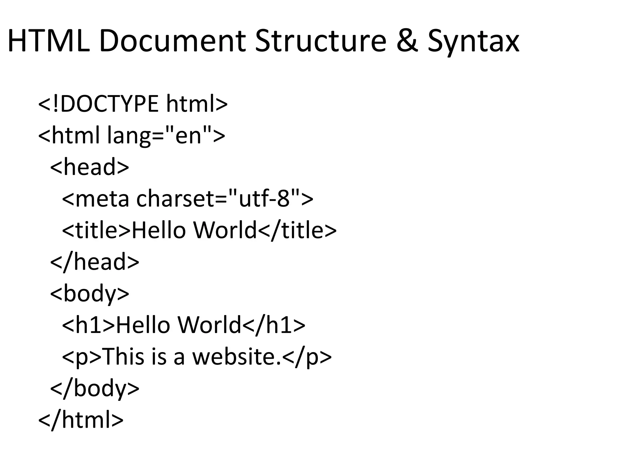 HTML Document Structure & Syntax
<!DOCTYPE html>
<html lang="en">
<head>
<meta charset="utf-8">
<title>Hello World</title>
</head>
<body>
<h1>Hello World</h1>
<p>This is a website.</p>
</body>
</html>
 