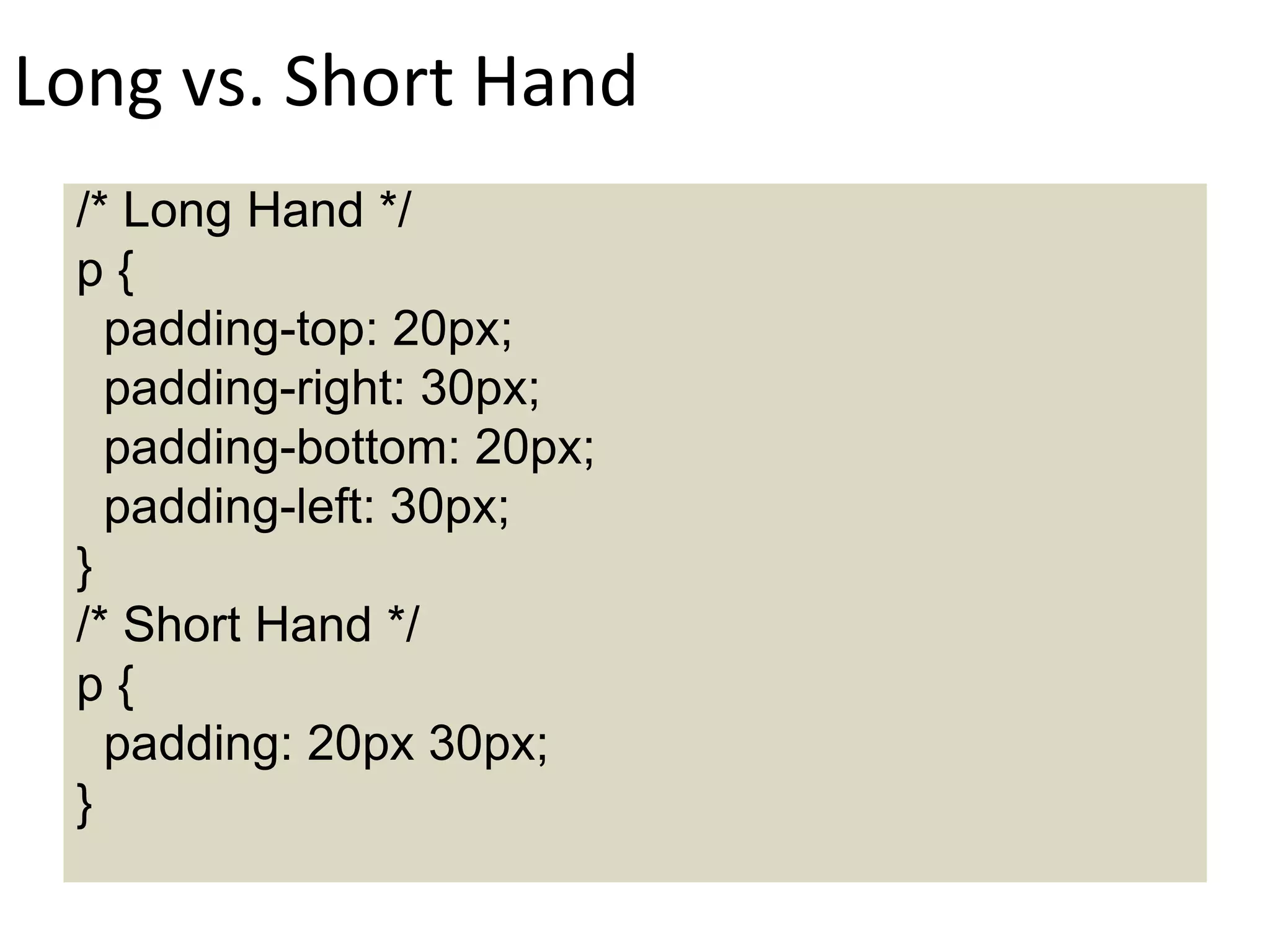 Long vs. Short Hand
/* Long Hand */
p {
padding-top: 20px;
padding-right: 30px;
padding-bottom: 20px;
padding-left: 30px;
}
/* Short Hand */
p {
padding: 20px 30px;
}
 