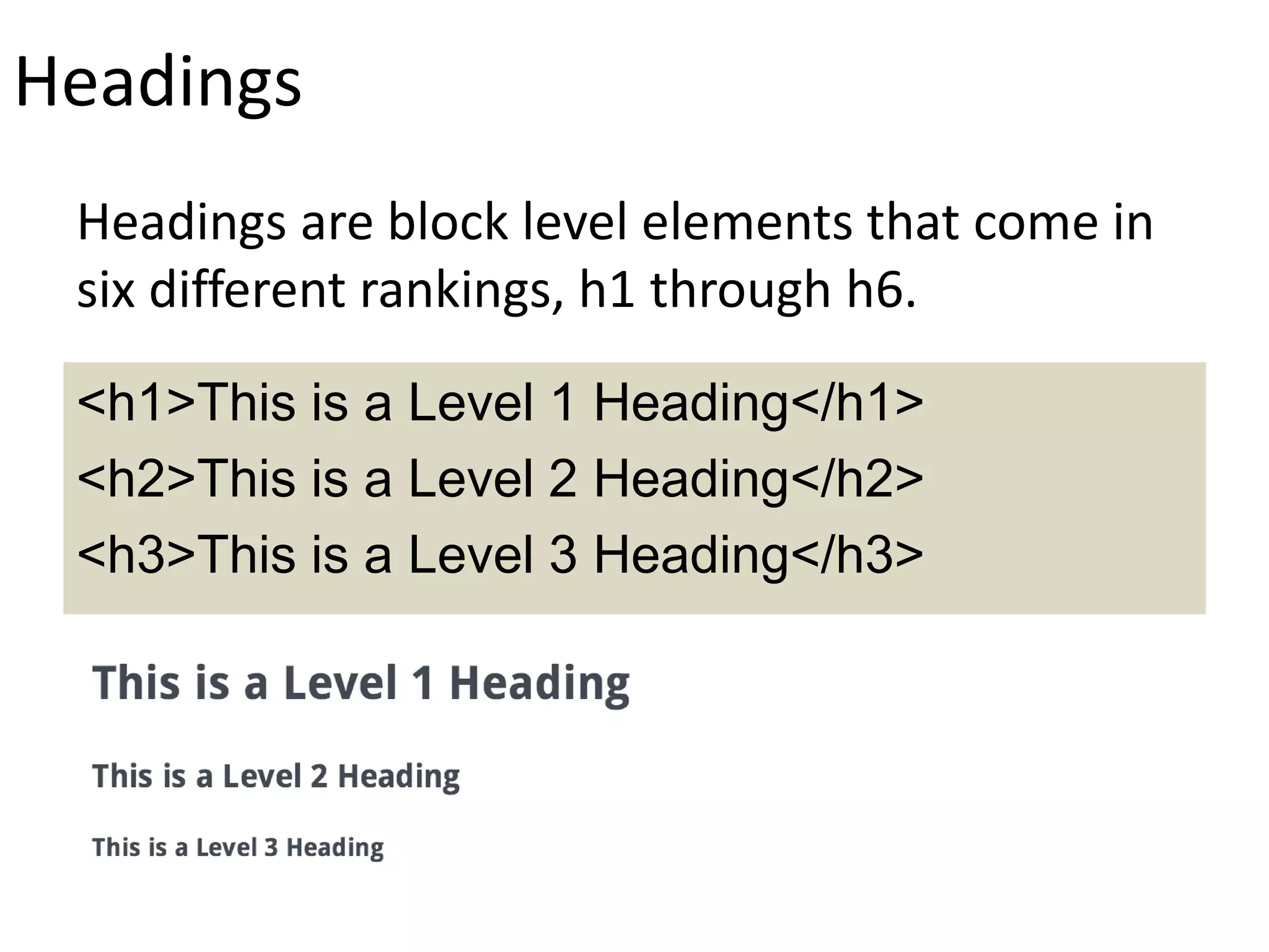 Headings
Headings are block level elements that come in
six different rankings, h1 through h6.
<h1>This is a Level 1 Heading</h1>
<h2>This is a Level 2 Heading</h2>
<h3>This is a Level 3 Heading</h3>
 