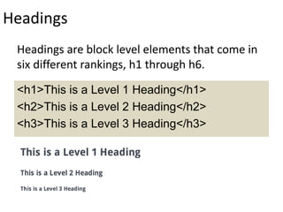 Headings
Headings are block level elements that come in
six different rankings, h1 through h6.
<h1>This is a Level 1 Heading</h1>
<h2>This is a Level 2 Heading</h2>
<h3>This is a Level 3 Heading</h3>
 