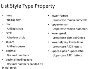 List Style Type Property
• none
No list item
• disc
A filled circle
• circle
A hollow circle
• square
A filled square
• decimal
Decimal numbers
• decimal-leading-zero
Decimal numbers padded by
initial zeros
• lower-roman
Lowercase roman numerals
• upper-roman
Uppercase roman numerals
• lower-greek
Lowercase classical Greek
• lower-alpha / lower-latin
Lowercase ASCII letters
• upper-alpha / upper-latin
Uppercase ASCII letters
 
