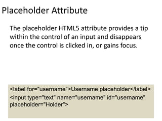 Placeholder Attribute
The placeholder HTML5 attribute provides a tip
within the control of an input and disappears
once the control is clicked in, or gains focus.
<label for="username">Username placeholder</label>
<input type="text" name="username" id="username"
placeholder="Holder">
 