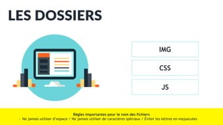LES DOSSIERS
IMG
CSS
JS
Règles importantes pour le nom des fichiers
- Ne jamais utiliser d’espace / Ne jamais utiliser de caractères spéciaux / Éviter les lettres en majuscules
 