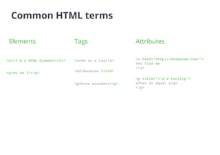 Common HTML terms
Elements Tags Attributes
<h1>I’m a HTML Element</h1>
<p>so am I!</p>
<a>We’re a tag</a>
<h2>because I</h2>
<p>have brackets</p>
<a href="http://shayhowe.com/">
You find me
</a>
<p title="I'm a tooltip">
after an equal sign
</p>
 