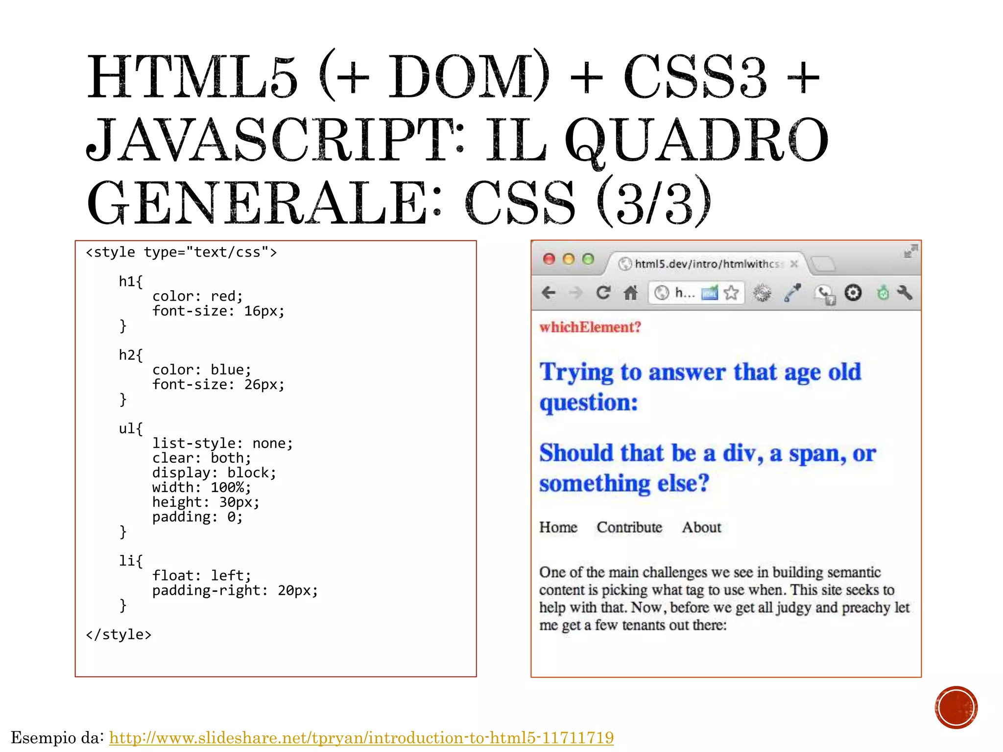 <style type="text/css">
h1{
color: red;
font-size: 16px;
}
h2{
color: blue;
font-size: 26px;
}
ul{
list-style: none;
clear: both;
display: block;
width: 100%;
height: 30px;
padding: 0;
}
li{
float: left;
padding-right: 20px;
}
</style>
Esempio da: http://www.slideshare.net/tpryan/introduction-to-html5-11711719
 