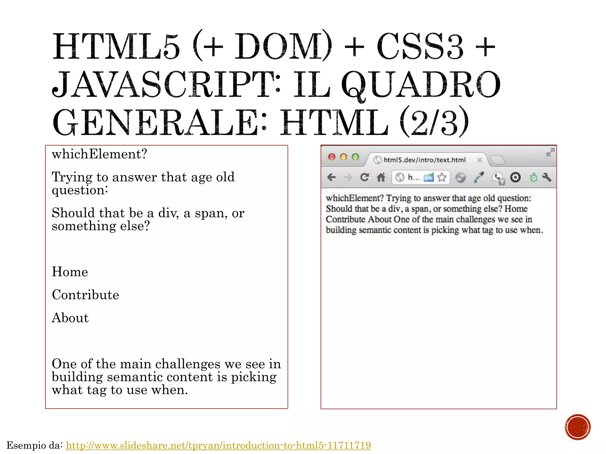 whichElement?
Trying to answer that age old
question:
Should that be a div, a span, or
something else?
Home
Contribute
About
One of the main challenges we see in
building semantic content is picking
what tag to use when.
Esempio da: http://www.slideshare.net/tpryan/introduction-to-html5-11711719
 