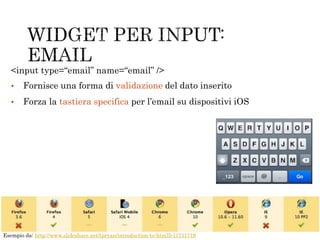 • Fornisce una forma di validazione del dato inserito
• Forza la tastiera specifica per l’email su dispositivi iOS
<input type=“email” name=“email” />
Esempio da: http://www.slideshare.net/tpryan/introduction-to-html5-11711719
 