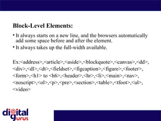 Block-Level Elements:
• It always starts on a new line, and the browsers automatically
add some space before and after the element.
• It always takes up the full-width available.
Ex:<address>,<article>,<aside>,<blockquote>,<canvas>,<dd>,
<div>,<dl>,<dt>,<fieldset>,<figcaption>,<figure>,<footer>,
<form>,<h1> to <h6>,<header>,<hr>,<li>,<main>,<nav>,
<noscript>,<ol>,<p>,<pre>,<section>,<table>,<tfoot>,<ul>,
<video>
 