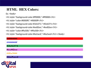 HTML HEX Colors:
Ex: <body>
<h1 style="background-color:#ff0000;">#ff0000</h1>
<h1 style="color:#0000ff;">#0000ff</h1>
<h1 style="background-color:#3cb371;">#3cb371</h1>
<h1 style="background-color:#ee82ee;">#ee82ee</h1>
<h1 style="color:#ffa500;">#ffa500</h1>
<h1 style="background-color:#6a5acd;">#6a5acd</h1></body>
 