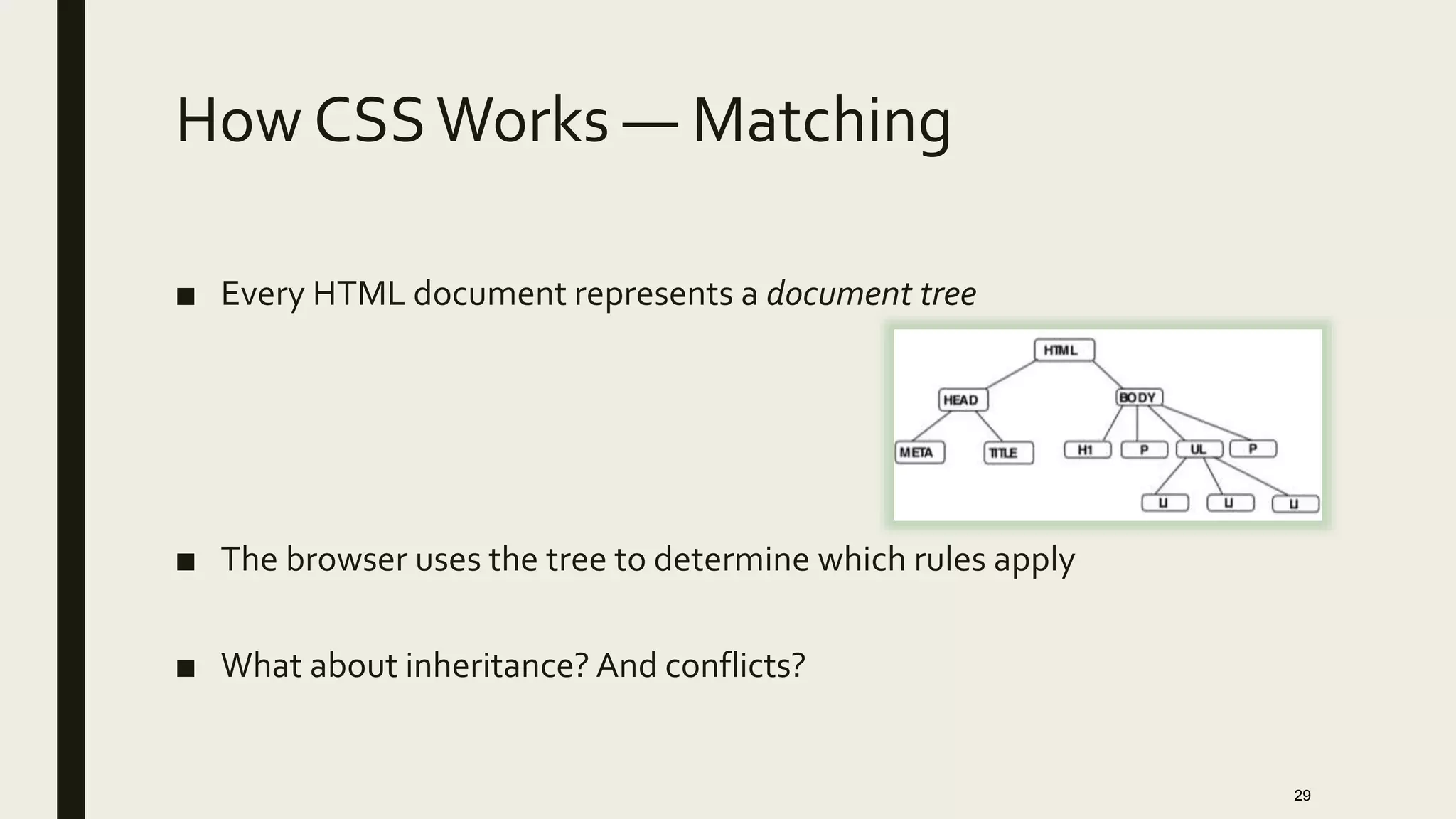 How CSSWorks — Matching
■ Every HTML document represents a document tree
■ The browser uses the tree to determine which rules apply
■ What about inheritance? And conflicts?
29
 