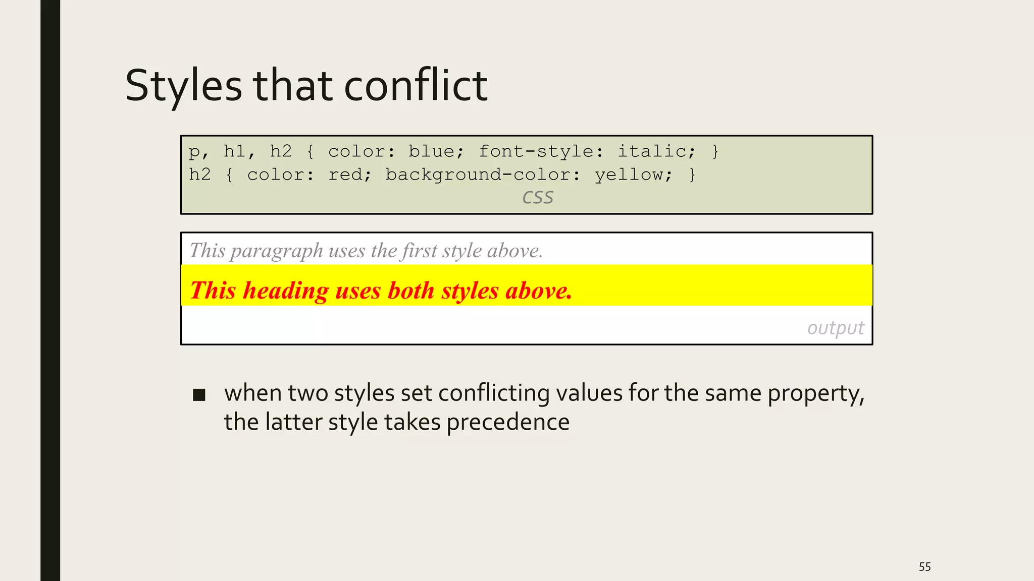 Styles that conflict
■ when two styles set conflicting values for the same property,
the latter style takes precedence
55
p, h1, h2 { color: blue; font-style: italic; }
h2 { color: red; background-color: yellow; }
CSS
This paragraph uses the first style above.
output
This heading uses both styles above.
 