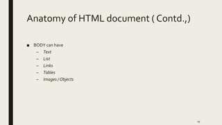 Anatomy of HTML document ( Contd.,)
■ BODY can have
– Text
– List
– Links
– Tables
– Images / Objects
19
 