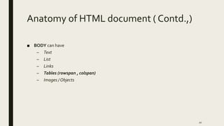 Anatomy of HTML document ( Contd.,)
■ BODY can have
– Text
– List
– Links
– Tables (rowspan , colspan)
– Images / Objects
20
 