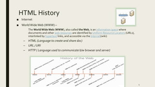 HTML History
■ Internet
■ WorldWideWeb (WWW) –
The WorldWide Web (WWW), also called the Web, is an information space where
documents and other web resources are identified by Uniform Resource Locators (URLs),
interlinked by hypertext links, and accessible via the Internet(wiki)
– HTML (Language to create and share doc)
– URL / URI
– HTTP ( Language used to communicate b/w browser and server)
4
 