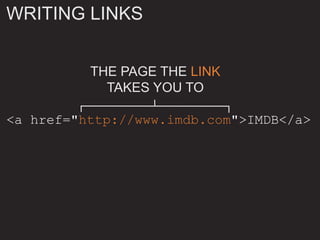 WRITING LINKS
<a href="http://www.imdb.com">IMDB</a>
THE PAGE THE LINK
TAKES YOU TO
 