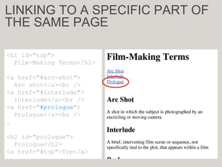 <h1 id="top">
Film-Making Terms</h2>
<a href="#arc-shot">
Arc shot</a><br />
<a href="#interlude">
Interlude</a><br />
<a href="#prologue">
Prologue</a><br />
<h2 id="prologue">
Prologue</h2>
<a href="#top">Top</a>
<h1 id="top">
Film-Making Terms</h2>
<a href="#arc-shot">
Arc shot</a><br />
<a href="#interlude">
Interlude</a><br />
<a href="#prologue">
Prologue</a><br />
…
<h2 id="prologue">
Prologue</h2>
<a href="#top">Top</a>
LINKING TO A SPECIFIC PART OF
THE SAME PAGE
 