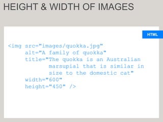 HTML
<img src="images/quokka.jpg"
alt="A family of quokka"
title="The quokka is an Australian
marsupial that is similar in
size to the domestic cat"
width="600"
height="450" />
HEIGHT & WIDTH OF IMAGES
 
