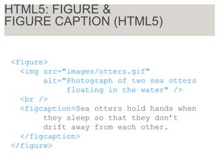 <figure>
<img src="images/otters.gif"
alt="Photograph of two sea otters
floating in the water" />
<br />
<figcaption>Sea otters hold hands when
they sleep so that they don’t
drift away from each other.
</figcaption>
</figure>
HTML5: FIGURE &
FIGURE CAPTION (HTML5)
 