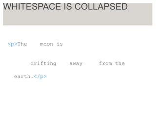 <p>The moon is
drifting away from the
earth.</p>
WHITESPACE IS COLLAPSED
 
