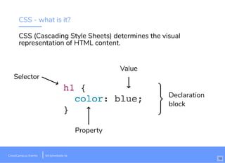 CSS - what is it?
CSS (Cascading Style Sheets) determines the visual
representation of HTML content.
h1 {
color: blue;
}
Declaration
block
Value
Property
Selector
bit.ly/website-laCrossCamp.us Events bit.ly/website-la
10
 
