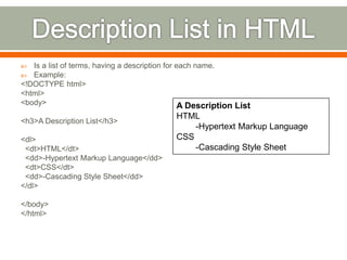 Use of Lists and Tables in HTML | PPT