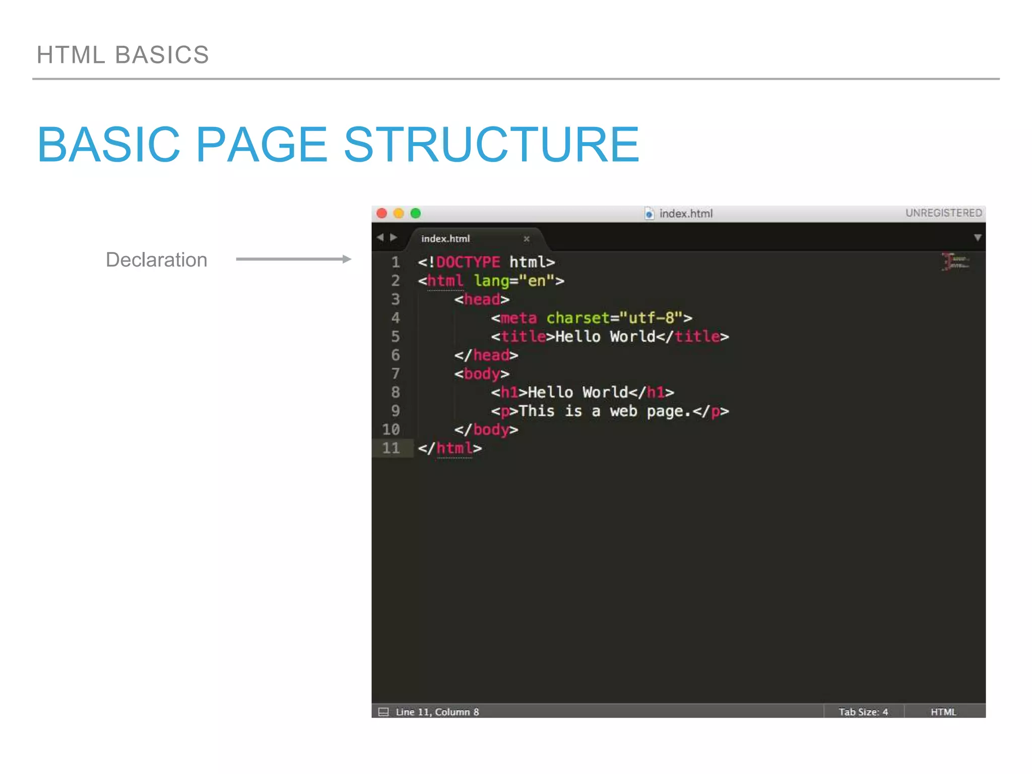 HTML BASICS
BASIC PAGE STRUCTURE
Declaration
 
