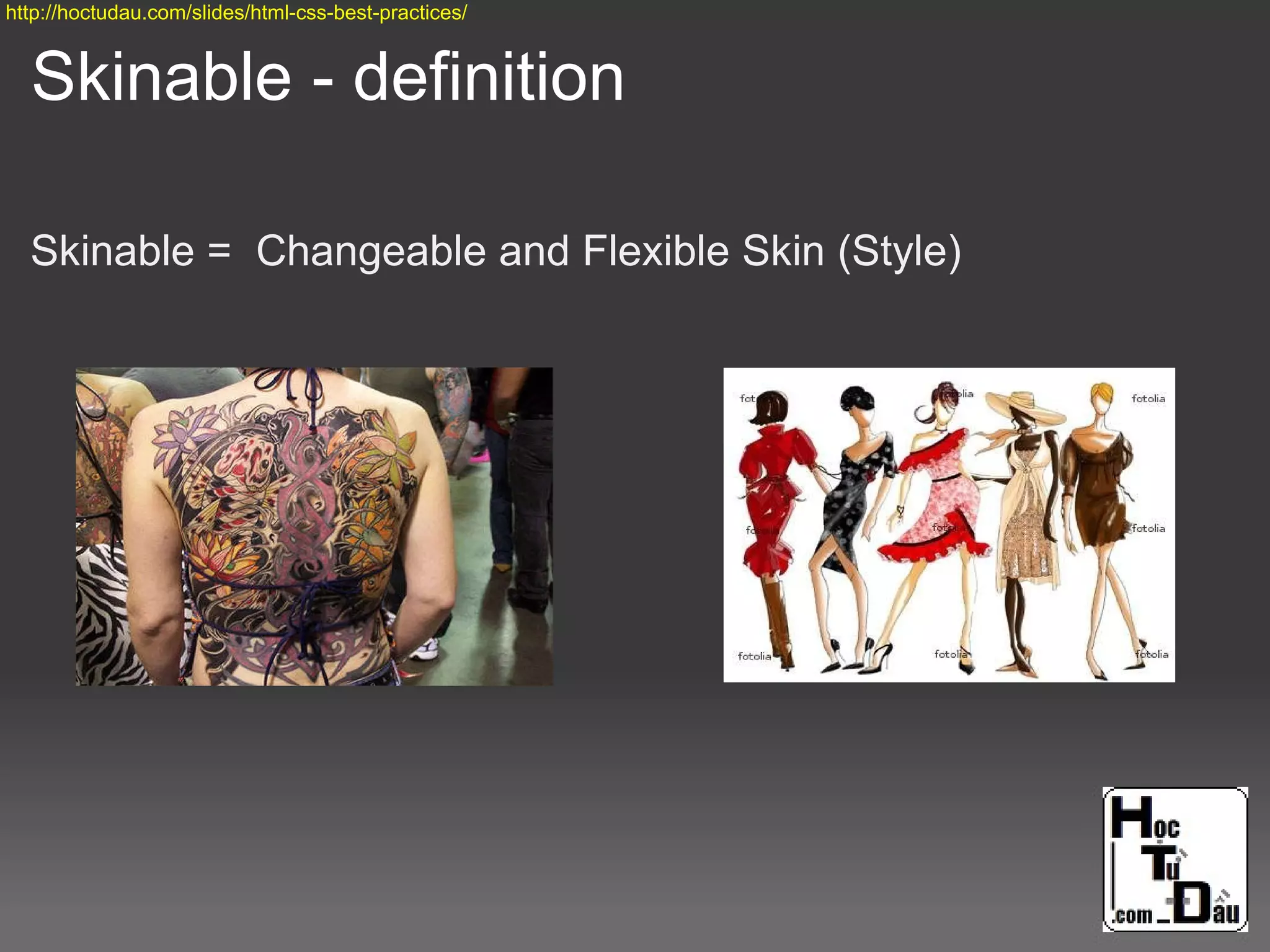 Skinable - definition
Skinable = Changeable and Flexible Skin (Style)
http://hoctudau.com/slides/html-css-best-practices/
 