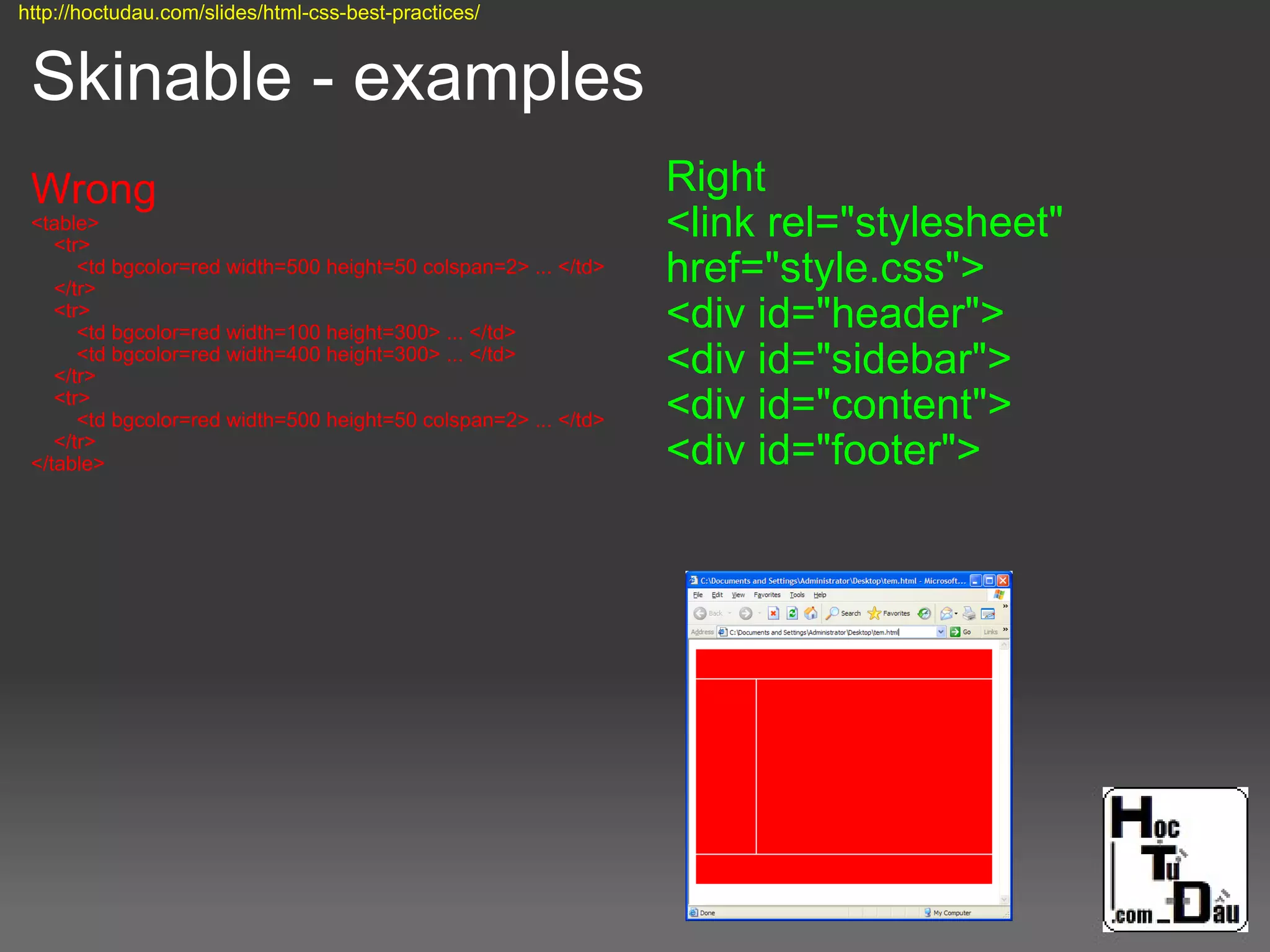 Skinable - examples
Wrong
<table>
<tr>
<td bgcolor=red width=500 height=50 colspan=2> ... </td>
</tr>
<tr>
<td bgcolor=red width=100 height=300> ... </td>
<td bgcolor=red width=400 height=300> ... </td>
</tr>
<tr>
<td bgcolor=red width=500 height=50 colspan=2> ... </td>
</tr>
</table>
Right
<link rel="stylesheet"
href="style.css">
<div id="header">
<div id="sidebar">
<div id="content">
<div id="footer">
http://hoctudau.com/slides/html-css-best-practices/
 