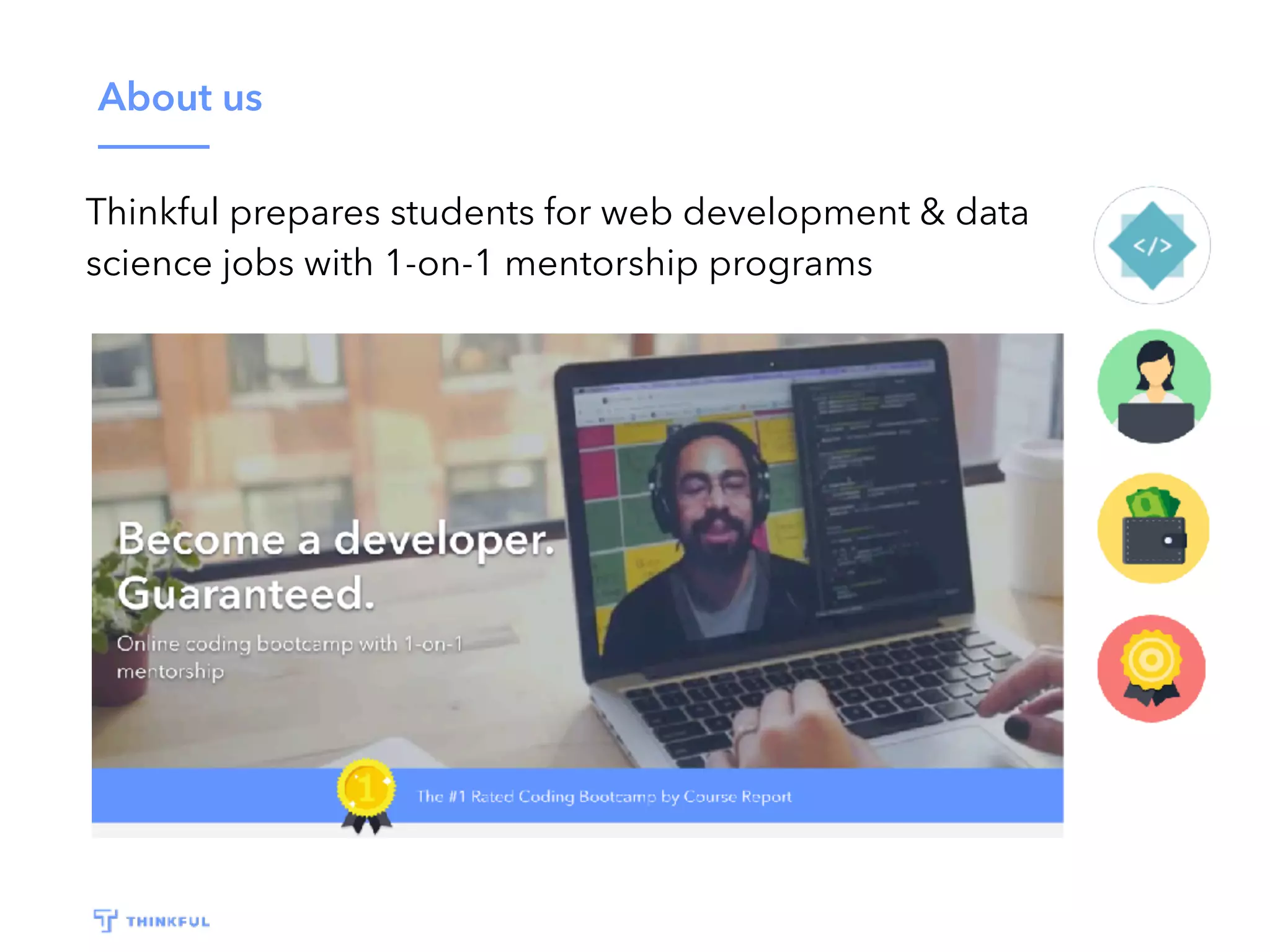 About us
Thinkful prepares students for web development & data
science jobs with 1-on-1 mentorship programs
 