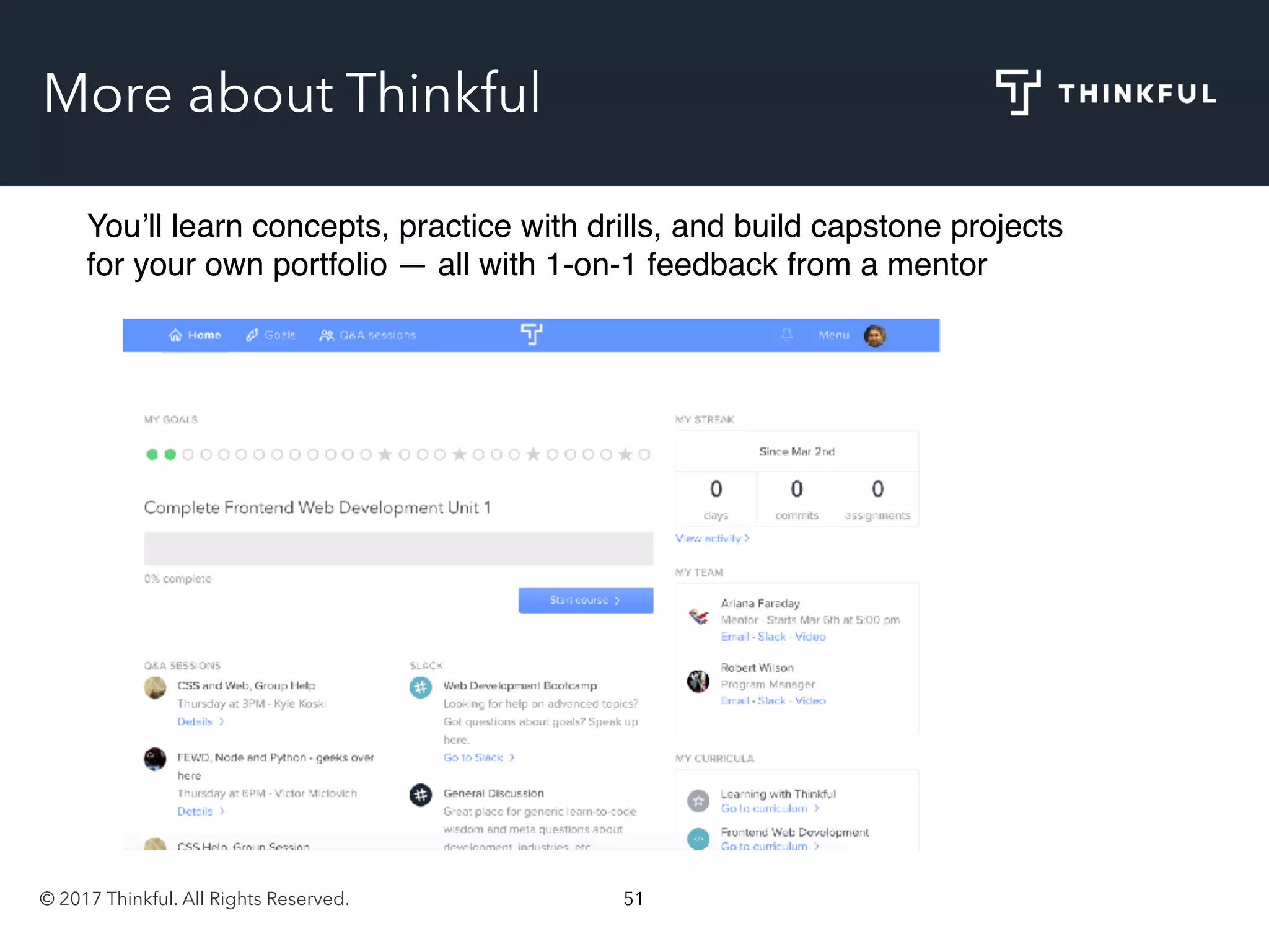 © 2017 Thinkful. All Rights Reserved. 51
You’ll learn concepts, practice with drills, and build capstone projects
for your own portfolio — all with 1-on-1 feedback from a mentor
More about Thinkful
 